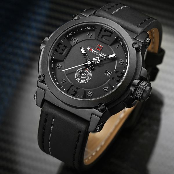

naviforce sport mens brand watches quartz watch leather strap clock men waterproof wrist watch relogio masculino 9099, Slivery;brown