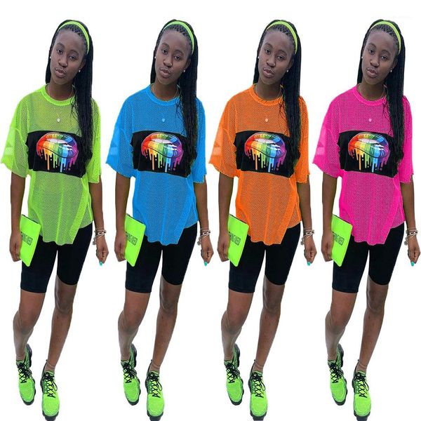 

tracksuits colorful lips mesh t shirts skinny shorts suits 2pcs clothing sets women summer designer, Gray