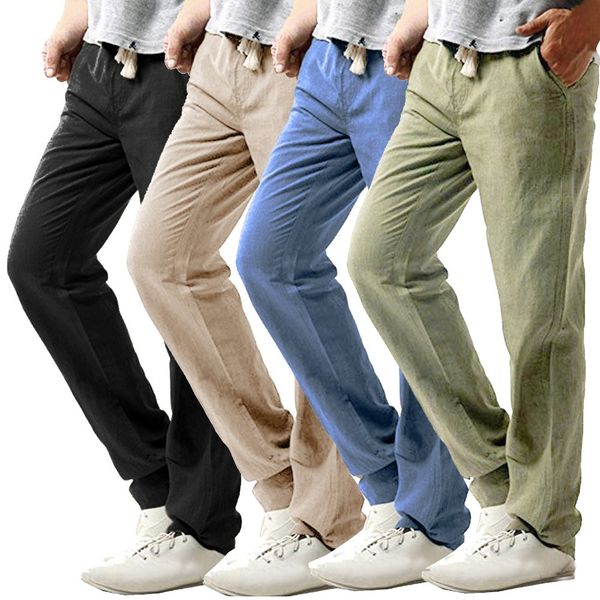

2019 men's summer pants casual slim strandhosen linen hose pant solid color trousers male breathable slim flax cargo pants c0605, Black