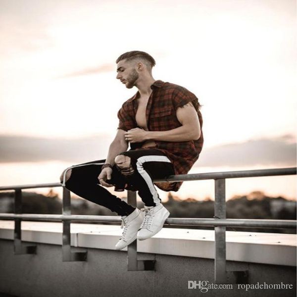 

мужские представи дизайнер jeans черный белый полосатые гольфы отверстия ripped zipper карандаш байкер джинсы hiphop street pantalones, Blue