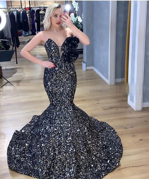 Ближний Восток черный Русалка арабские вечерние платья длинные платья выпускного вечера 2020 блеск блесток 3D цветы с плеча Дубай вечернее платье