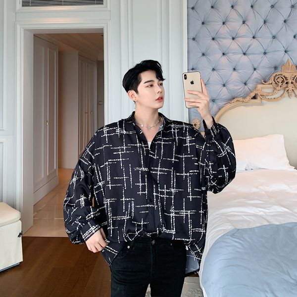 

men vintage bat long sleeve oversize loose casual plaid shirts male women streetwear hip hop gothic party shirt couple clothing, White;black