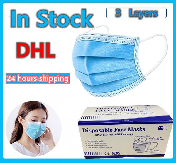 

dhl disposable mask 3-layer protective face mask 3 layers ply disposable anti virus dust-proof masks in stock 24 hours ship
