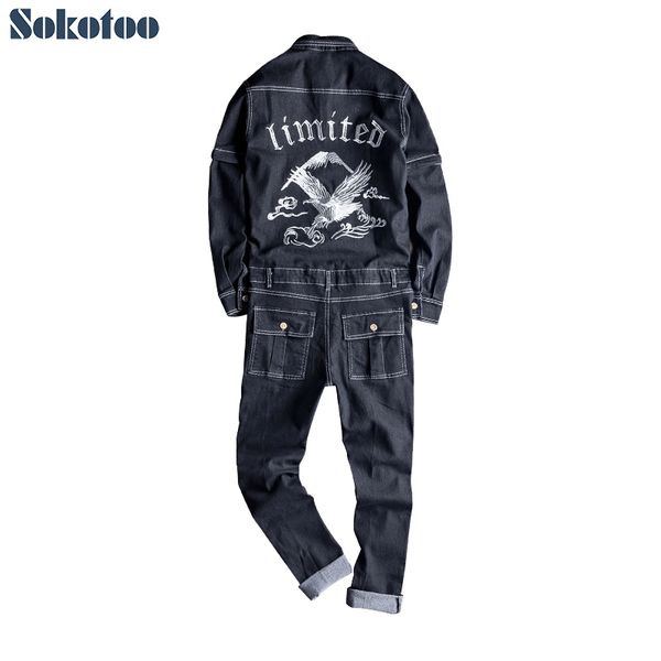 

sokotoo men's embroidery long detachable sleeve black denim jumpsuits casual embroidered pockets cargo jeans overalls pants, Blue