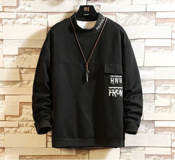 

autumn new hoodies men fashion solid color letters casual o-neck pullover man streetwear hip hop loose sweatshirt male hoodie, Black