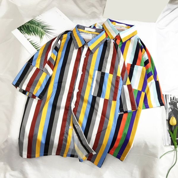 

men hawaiian shirts blouse stripe printed short sleeve loose beach shirt, White;black