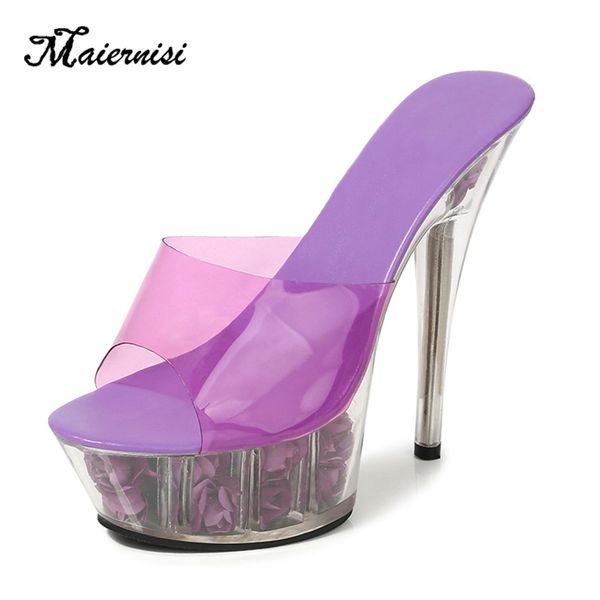 

maiernisi shoes women slipper summer female model t show crystal shoes 15cm high-heeled transparent waterproof slippers, Black