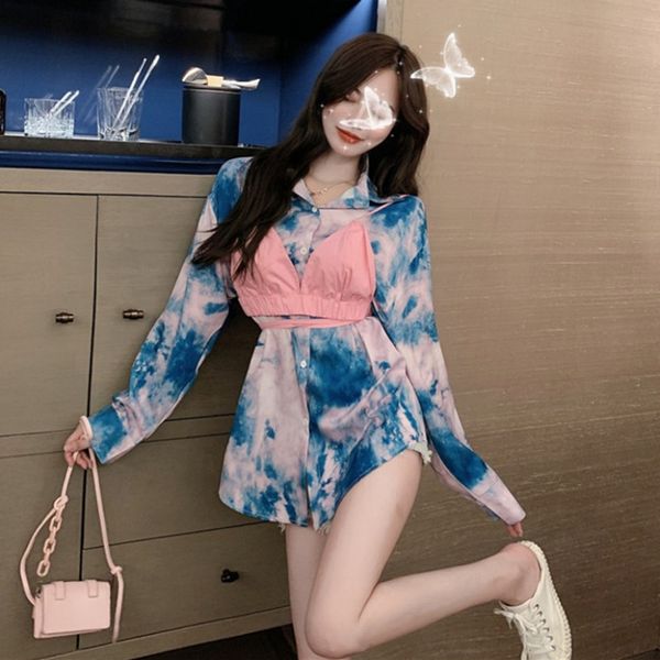 

women dresses trendy womens dress shop elegant tie-dyed loose shirt wear camisole early autumn two-piece western style suit, White