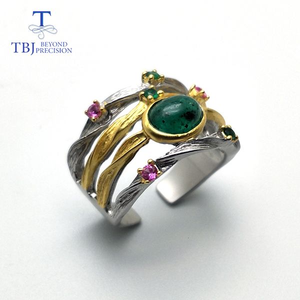 

tbj,many elements design 100% natural zambia gemstone oval 6*8mm emerald ring 925 sterling silver fine jewelry for wife gift cj191210, Slivery;golden