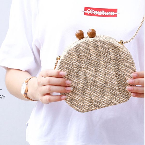 

round weave handbag banquet clutch woman crossbody bags for women circular strip shoulder bags resin strap wood handle