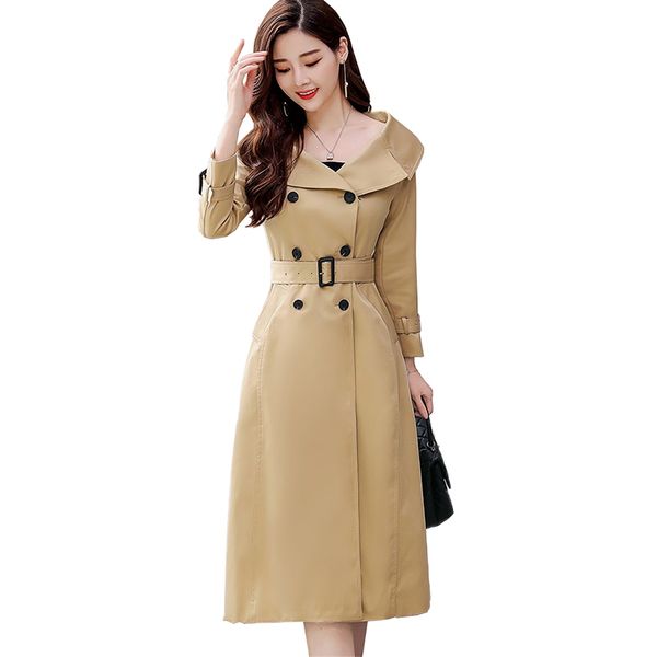 

2019 new fashion long trench coat women spring autumn khaki double-breasted elegant windbreaker female casual slim outwear a2895, Tan;black
