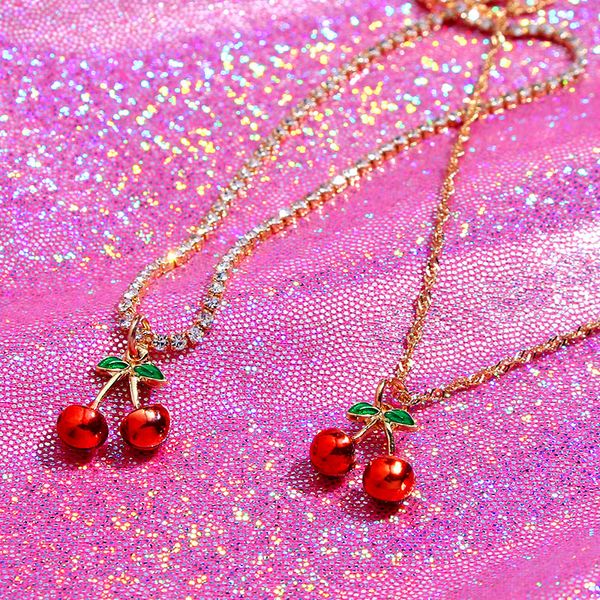 

just feel cute fruit pendant necklace red cherry crystal chain choker necklace for women girls fashion sweet summer jewelry, Silver
