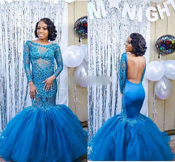 

blue mermaid evening dresses bateau backless long sleeve appliques beads formal prom party gowns vestidos de noche plus size, Black;red