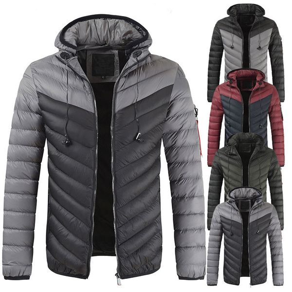 

Contrast Color Mens Down Jacket Hooded Striped Cardigan Mens Parkas Fashion Plus Size To 3XL Mens Tops