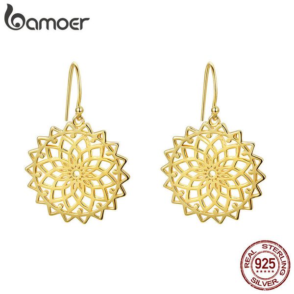 

bamoer 925 sterling silver geometric flower gold color drop earrings for women sterling silver earrings jewelry sce534