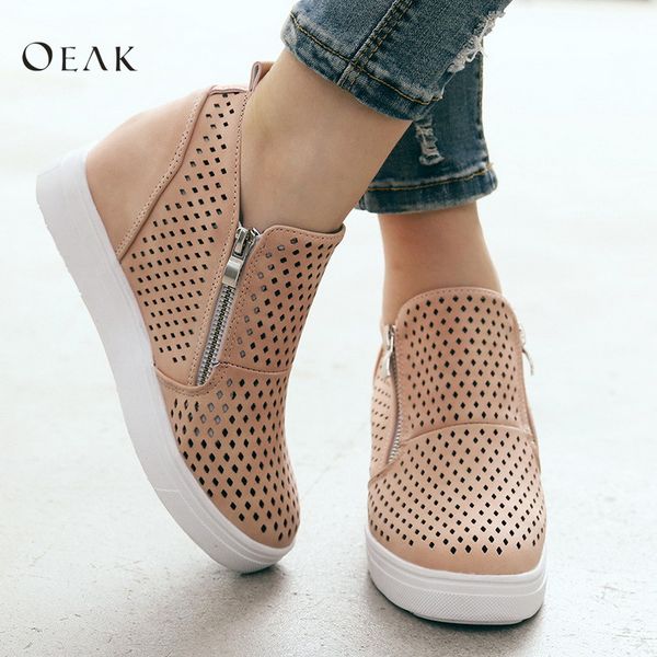 

oeak drop shipping new fashion 2019 ladies high-up flat-soled shoes pure-color hollow-out leisure flat-soled shoes sale, Black