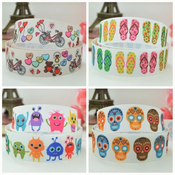 

7/8" 22mm 50 yards skull summer slippers monster valentine bicycle cute ribbon printed grosgrain ribbon hai rbow diy handmade, Slivery;white