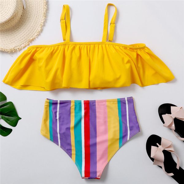 

bikinis set 2021 women high waist bikini swimsuit plus size ruffles stripe beach swimwear ladies two-piece bathing suit