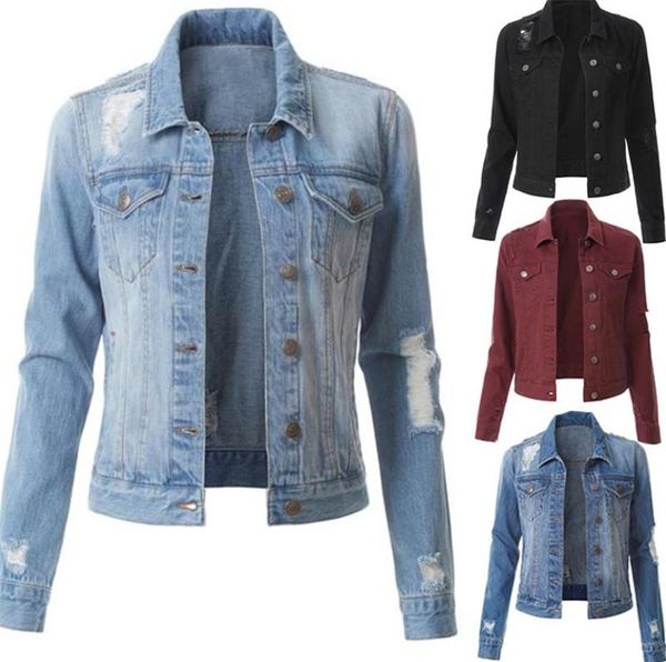 

hole panelled womens designer jean jackets fashion single breasted pockets lapel neck womens jean outerwears females clothing, Black;brown