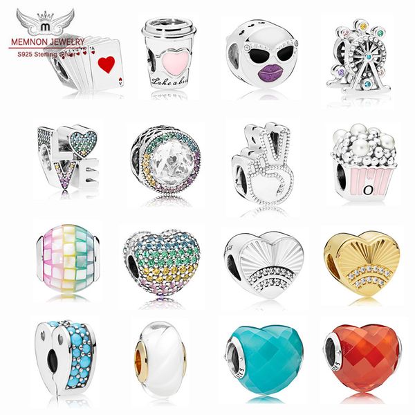 

memnon new summer collection fan of love charms enamel bead 925 sterling silver jewelry heart clip beads fit charm bracelet diy fine jewelry, Bronze;silver