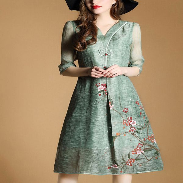 

chinese style dress for women plus size 3xl 2018 new fashion print green folk dress spring summer vintage dresses vestido, Black;gray