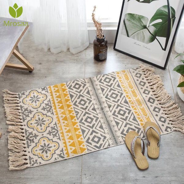 

retro bohemian hand woven cotton linen carpet rug bedside rug geometric floor mat living room bedroom carpet home decor 60x90cm