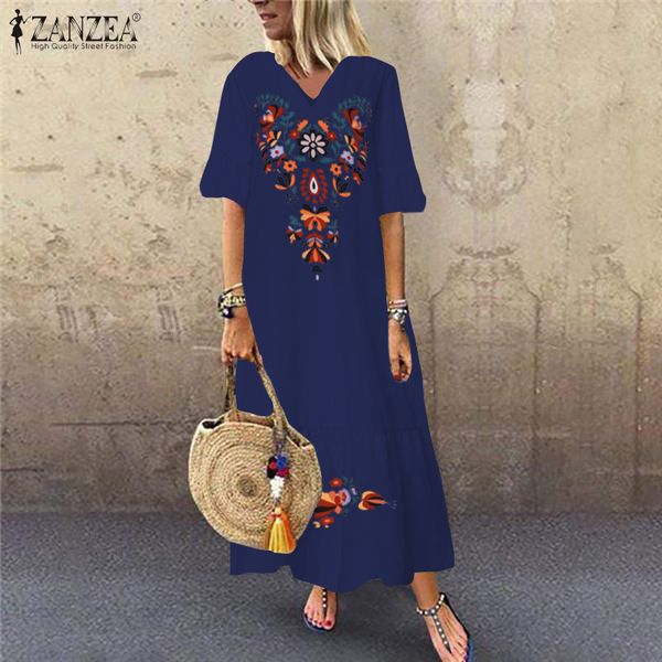 

bohemian printed maxi платье zanzea 2019 женских sundress summer casual v-образный вырез рябить vestidos женских с коротким рукавом цветочно, Black;pink