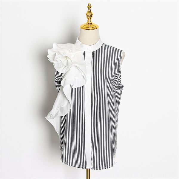 

niche design 2020 stand collar stitching flounces single-breasted striped women's fashion niche design 2020 stand collar stitching flou, White