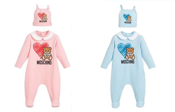 

2020 new baby boys girls cartoon bear rompers infant long sleeve jumpsuits with hats toddler cotton onesies newborn one-piece, Blue