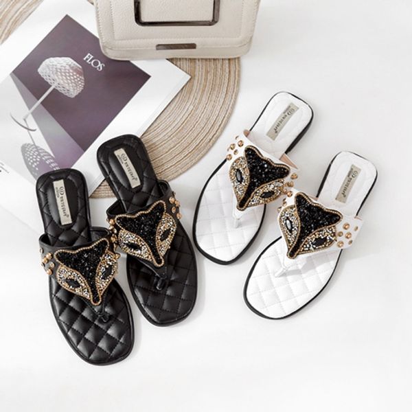 

2019 designer flip flops sandal fox head style summer slippers latest rhinestone slip-on designer slipper women's shoes wide flat slipp, Black