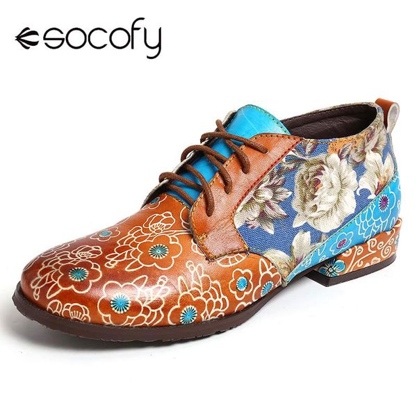 

socofy retro casual flowers genuine leather lace up flats ladies shoes elegant shoes women botines mujer 2019, Black