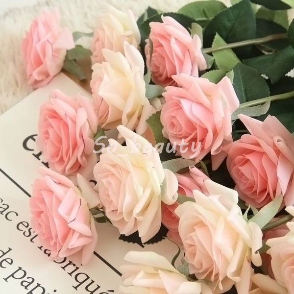 Bouquet di fiori di rosa artificiale Real Touch Decorazione per la casa di nozze Office Decro Scegli il colore Bianco Rosa 42 cm