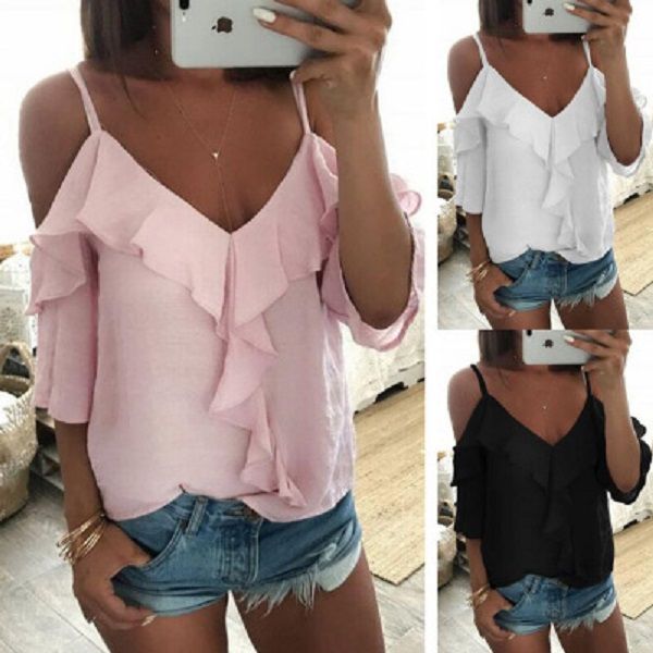 

off плеча топ блуза женщины половина рукава спагетти ремень ruffle женщин топы и блузки летняя белая рубашка blusa s-xl, White