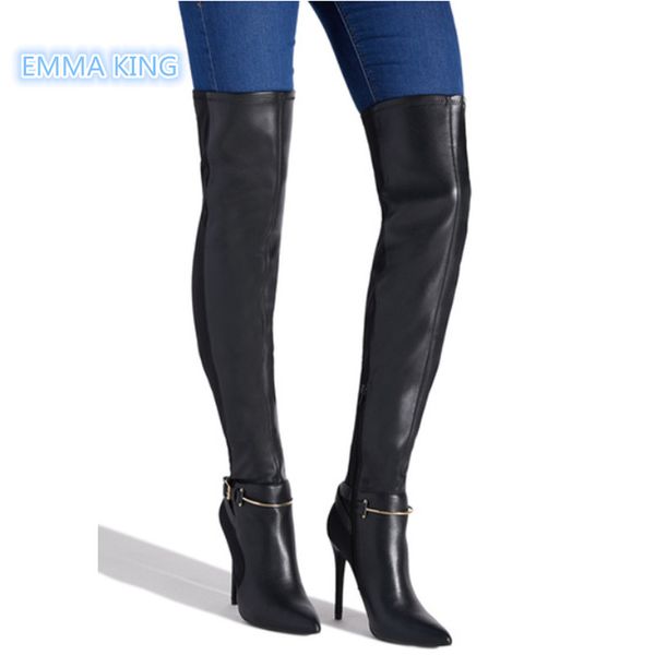

new 2019 knitting leather patchwork over knee boots women pointed toe thin high heel shoes ankle buckle side zipper long booties, Black