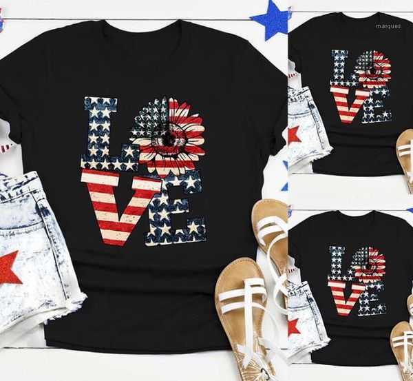 

letter printed short sleeve women crew neck summer tees national independent day tshirts sunflower love, White