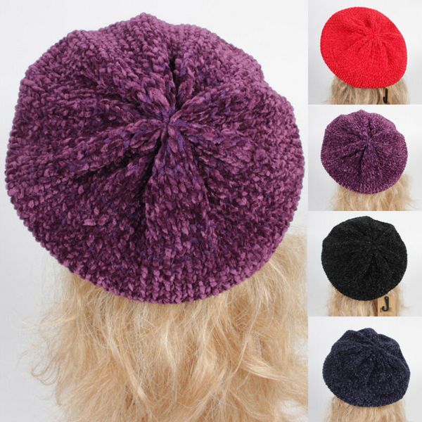 

autumn winter warm women chenille berets solid color female cap sweet painter hats eleghant ladies berets hats, Blue;gray