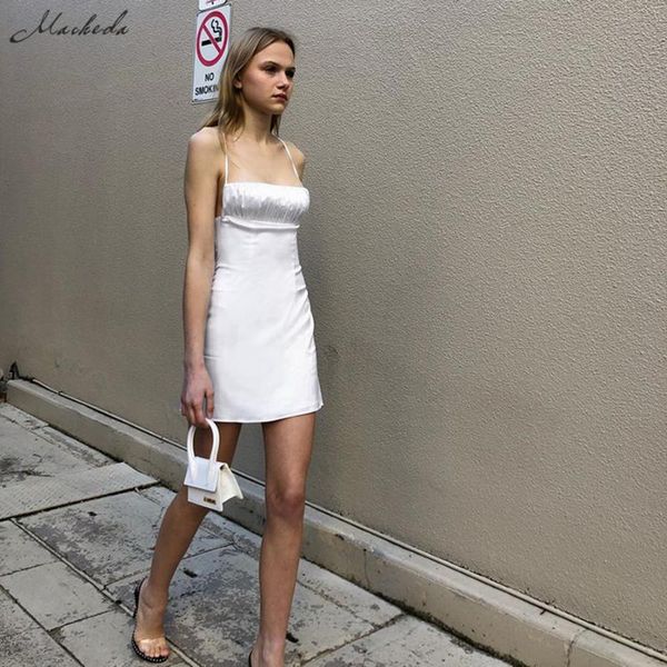 

macheda hollow backless solid sleeveless halter mini dresses women 2020 spring slim silk casual bodycon dress new, Black;gray