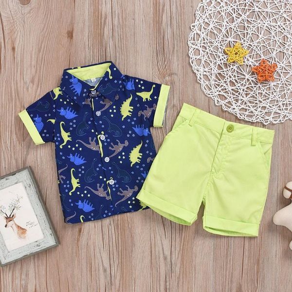

2020 new arrival toddler kids baby boy short sleeve cartoon pattern shirt + pants set 2pcs outfits casual clothes summer, White