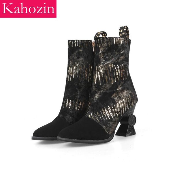 

women quality autumn/winter short boots suede+satin strange heel 8cm side zipper gold silver fashion ankle boots for womensize44, Black