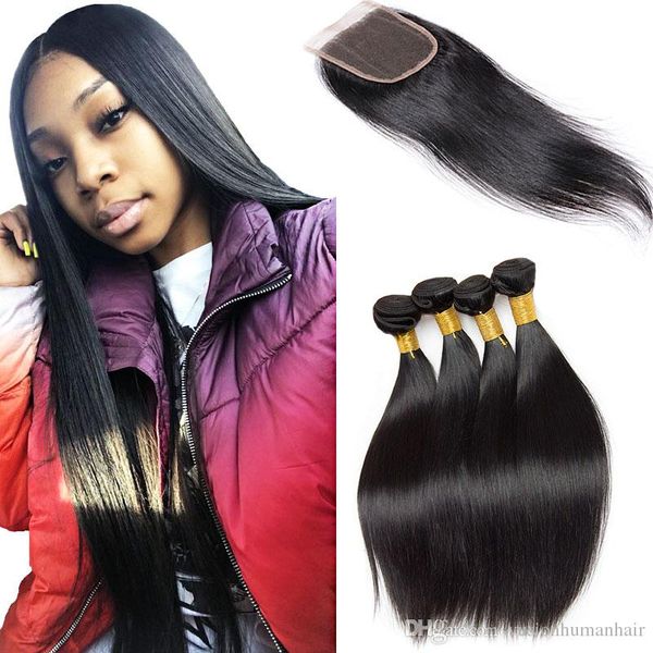 

straight human hair 3 bundles with closure unprocessed 7a raw virgin hair mink brazilian hair bundles for wholesale natural black, Black;brown