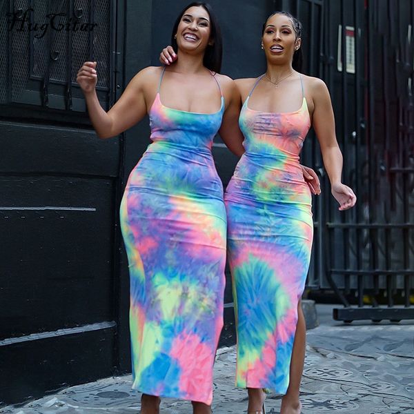 

hugcitar tie dye spaghetti straps lace up bodycon slit midi dress 2020 summer women fashion backless long party streetwear, Black;gray