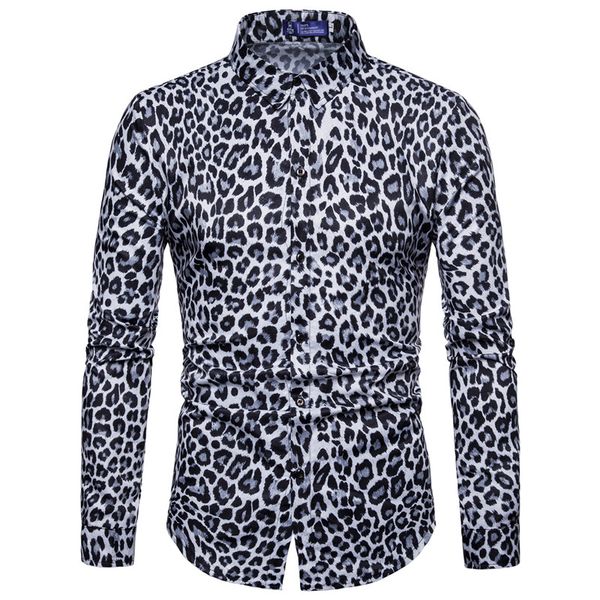 

mens trend nightclub leopard print shirt long sleeve shirt male social casual party chemise homme dress, White;black