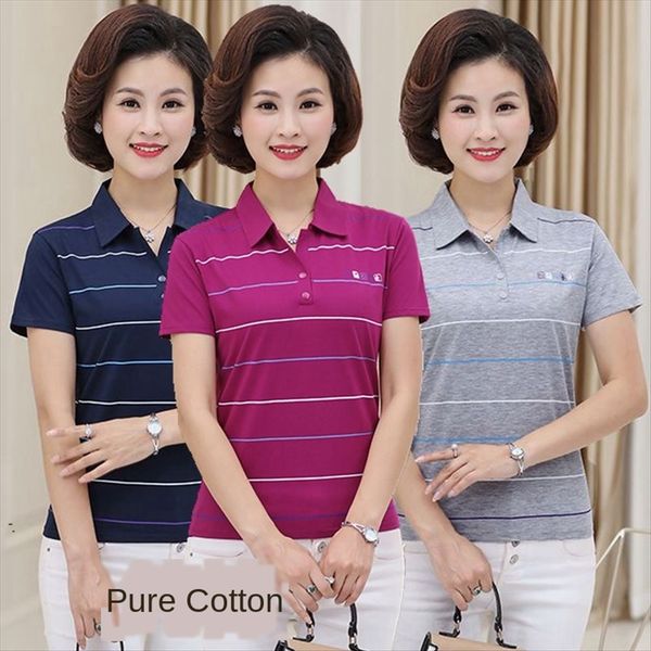 

middle-aged and elderly short-sleeved t-shirt with collar women's cotton loose mother's summer clothes middle-aged and elderly sho, White