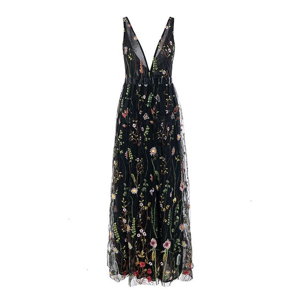 

ladies dresses women designer clothes mesh vintage floral embroidery women backless bohemian dresses v neck elegant wrap long dress, Black;gray