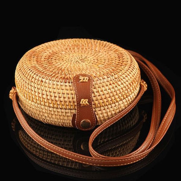 

vintage handmade crossbody leather bag round beach bag round rattan shoulder