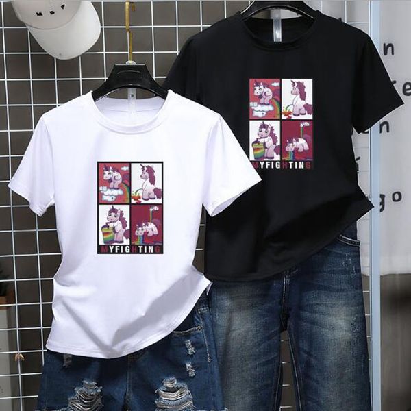 

cute cartoon hippo print women t shirt spring summer new style short sleeve round neck women casual slim female t-shirt, White