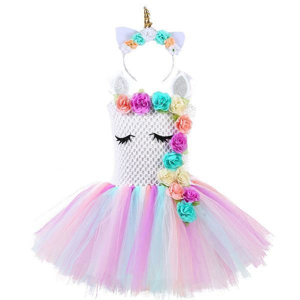 Acheter Fluffy Bustle Fille Robe Tutu Licorne Avec Bandeau Bébé Enfants Fleurs Licorne Thème Fête Danniversaire Outfit Poney Costume Dhalloween