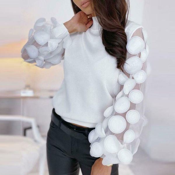 

women turtleneck mesh flower long sheer sleeve sweater pullover blouse shirt, White