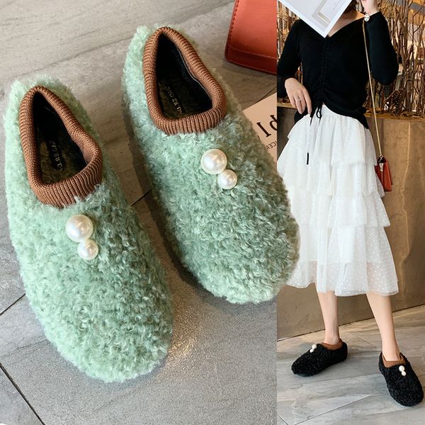 

slip on shoes for women round toe casual female sneakers 2019 fashion women's pearl decorateion loafers fur flats slip-on boat, Black
