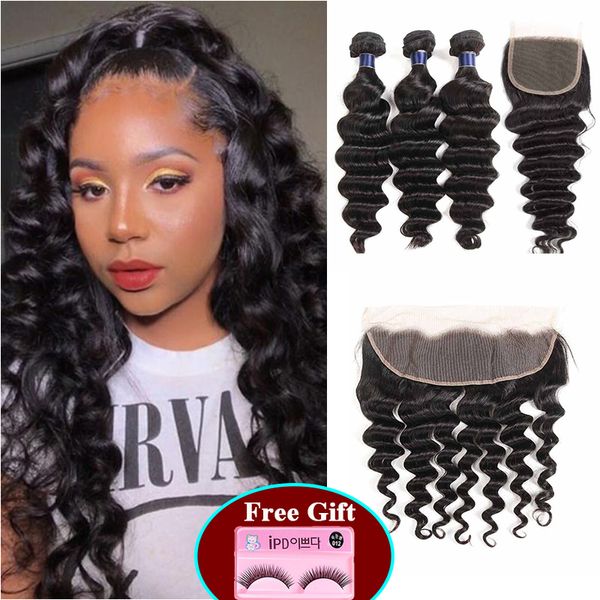 

дешевый 3шта рыхлых глубокие бразильский индийский уток волос с пучками волос шнуровке бразильский перуанский remy с кружевом фронтального р, Black;brown